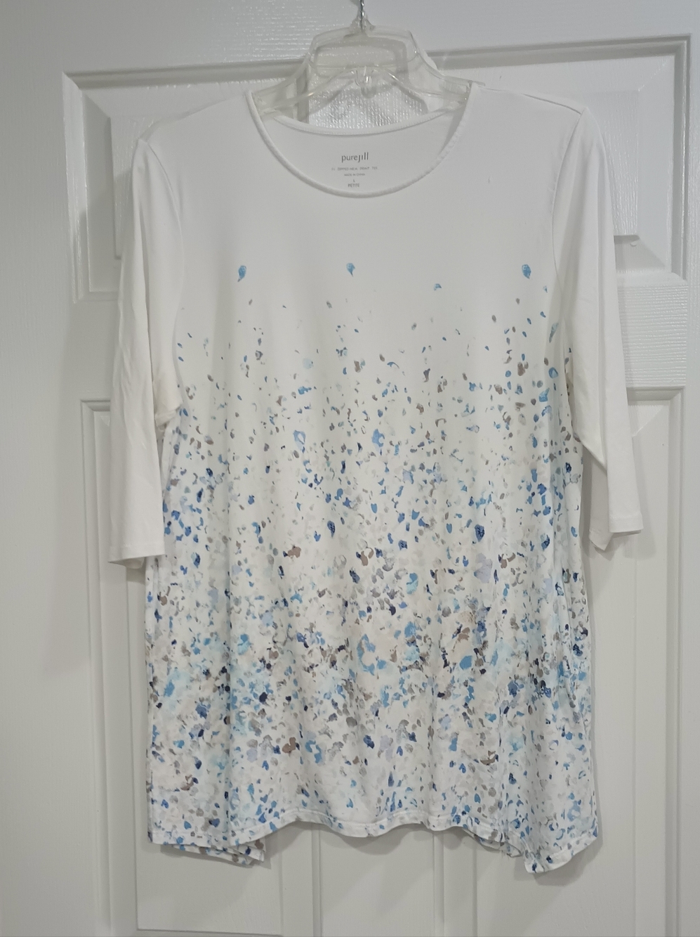 J Jill White and Blue Splash Print Top Petite L